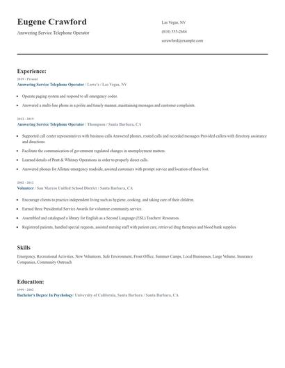 Answering Service Telephone Operator Resume