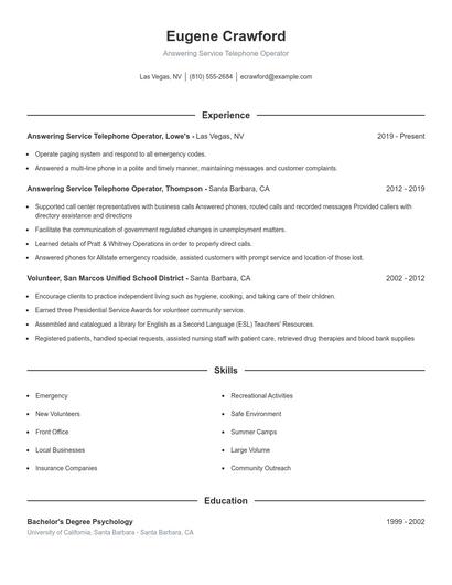 Answering Service Telephone Operator Resume