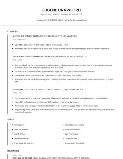 Answering Service Telephone Operator Resume