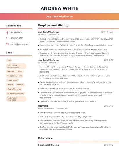 Anti-Tank Missileman Resume