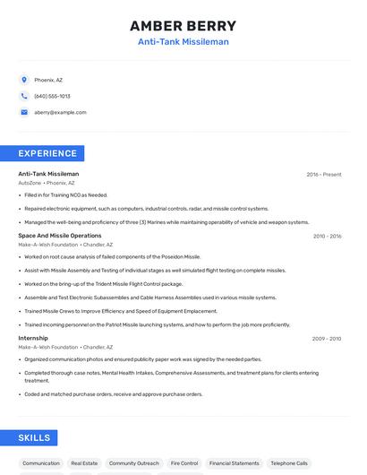 Anti-Tank Missileman Resume