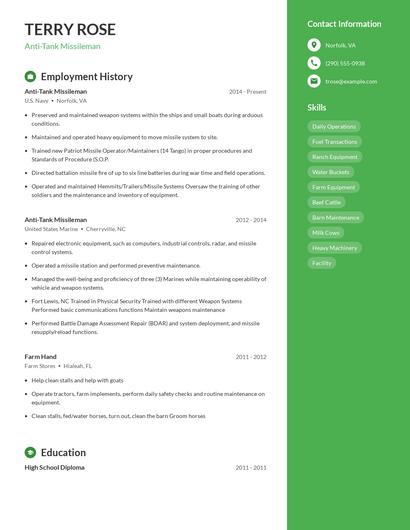 Anti-Tank Missileman Resume