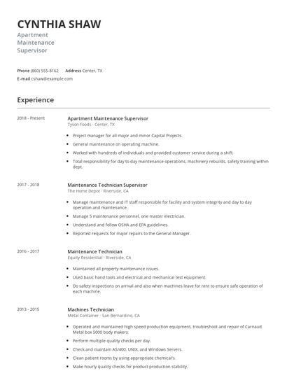 Apartment Maintenance Supervisor Resume