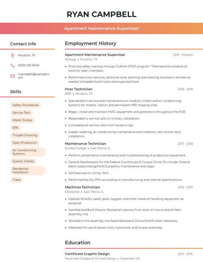 Apartment Maintenance Supervisor Resume