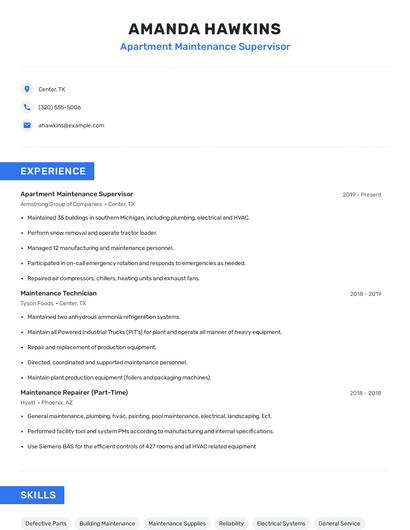 Apartment Maintenance Supervisor Resume