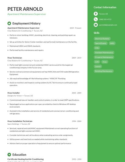 Apartment Maintenance Supervisor Resume
