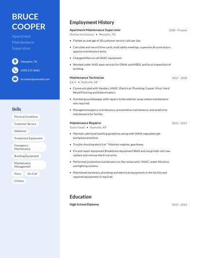 Apartment Maintenance Supervisor Resume
