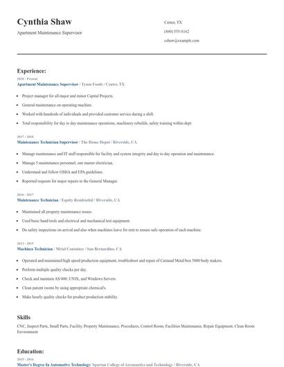 Apartment Maintenance Supervisor Resume