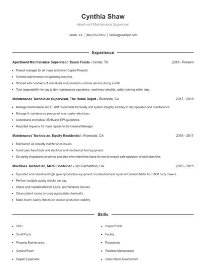 Apartment Maintenance Supervisor Resume