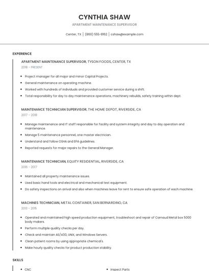 Apartment Maintenance Supervisor Resume
