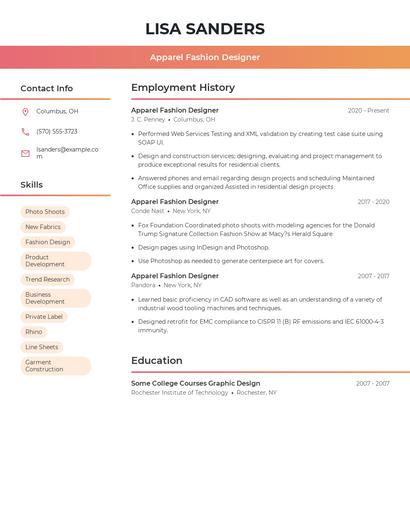 Apparel Fashion Designer Resume