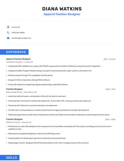 Apparel Fashion Designer Resume