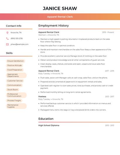 Apparel Rental Clerk Resume