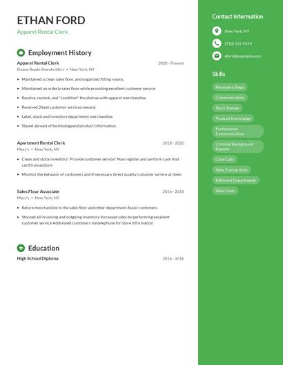 Apparel Rental Clerk Resume