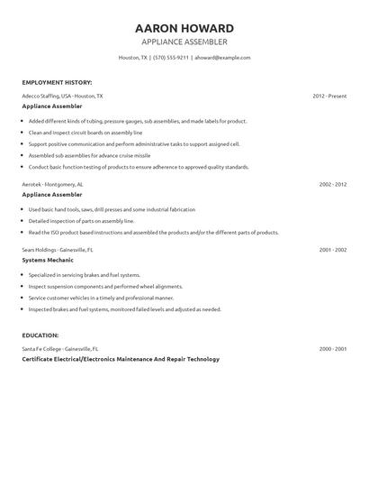 Appliance Assembler Resume