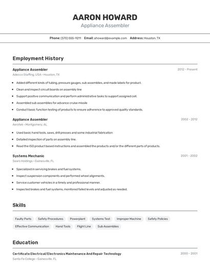 Appliance Assembler Resume