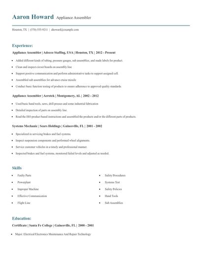 Appliance Assembler Resume