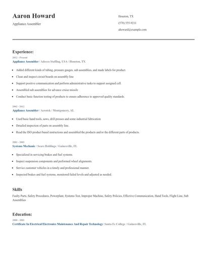 Appliance Assembler Resume