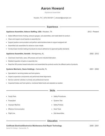 Appliance Assembler Resume