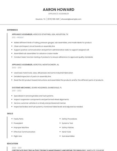 Appliance Assembler Resume