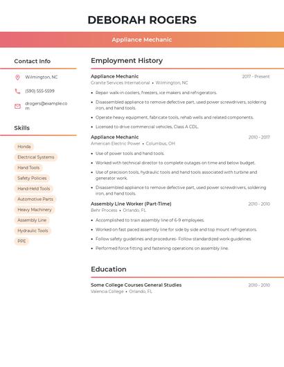 Appliance Mechanic Resume
