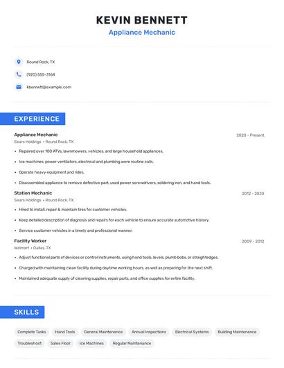 Appliance Mechanic Resume