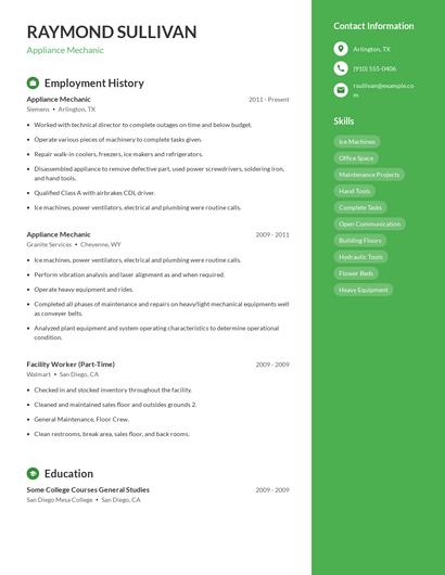 Appliance Mechanic Resume