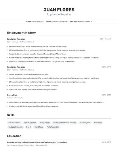 Appliance Repairer Resume