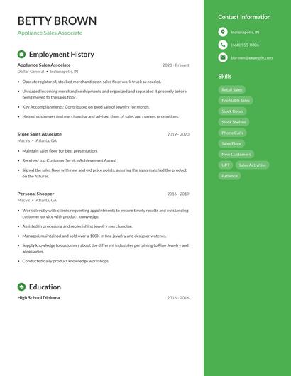 Appliance Sales Associate Resume