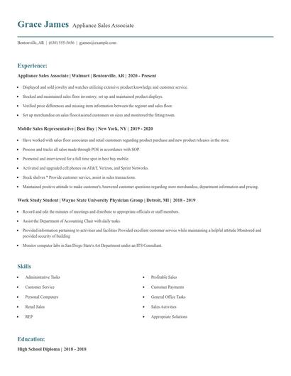 Appliance Sales Associate Resume