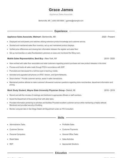 Appliance Sales Associate Resume