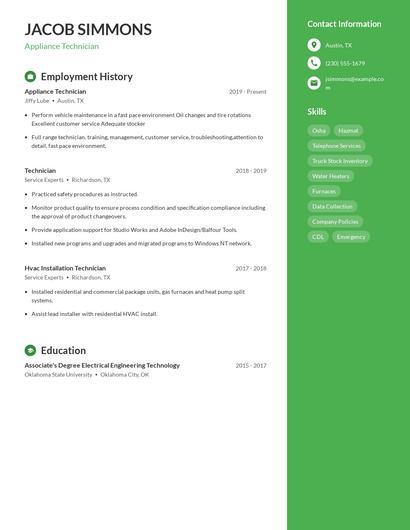 Appliance Technician Resume