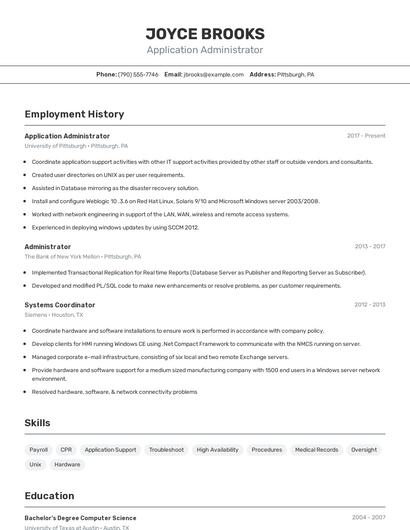 Application Administrator Resume