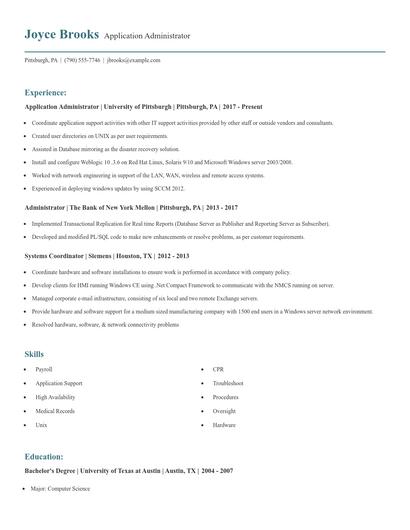 Application Administrator Resume