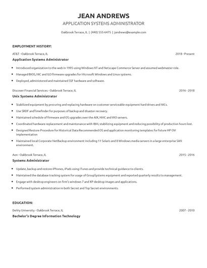 Application Systems Administrator Resume