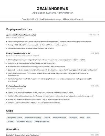 Application Systems Administrator Resume