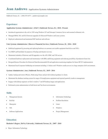 Application Systems Administrator Resume