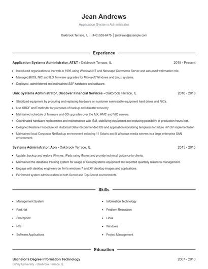 Application Systems Administrator Resume