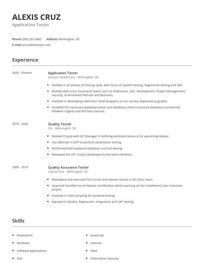 Application Tester Resume
