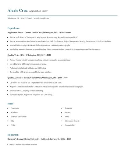 Application Tester Resume