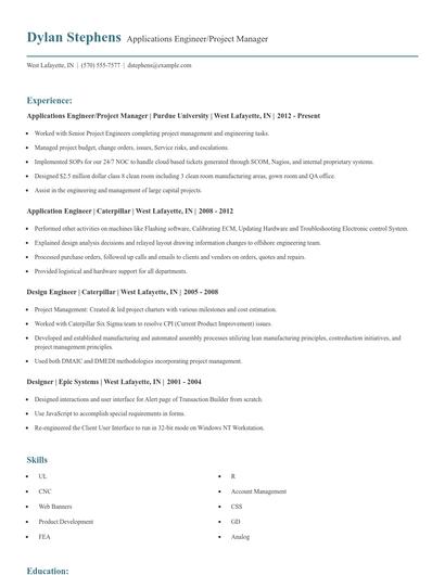 Applications Engineer/Project Manager Resume