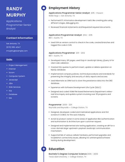 Applications Programmer Senior Analyst Resume