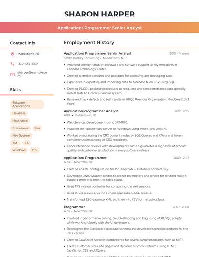 Applications Programmer Senior Analyst Resume