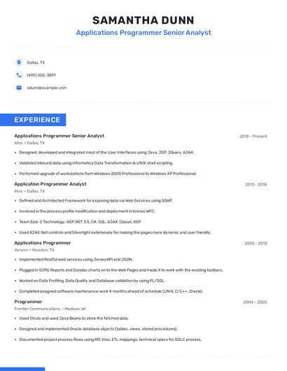 Applications Programmer Senior Analyst Resume