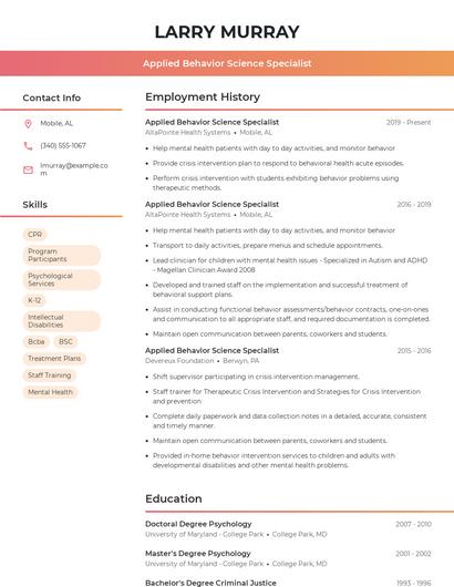 Applied Behavior Science Specialist Resume