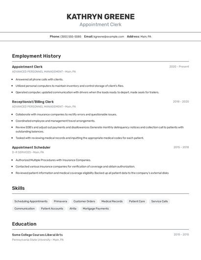 Appointment Clerk Resume