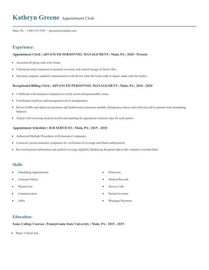 Appointment Clerk Resume