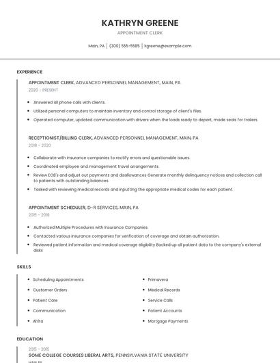 Appointment Clerk Resume