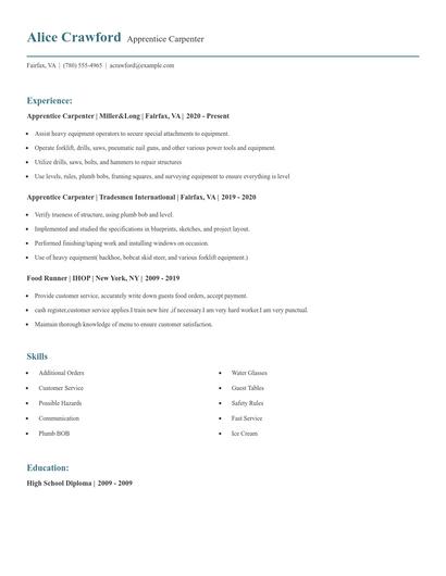 Apprentice Carpenter Resume
