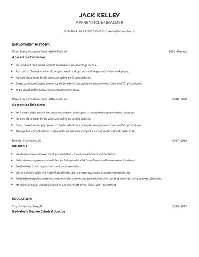 Apprentice Embalmer Resume